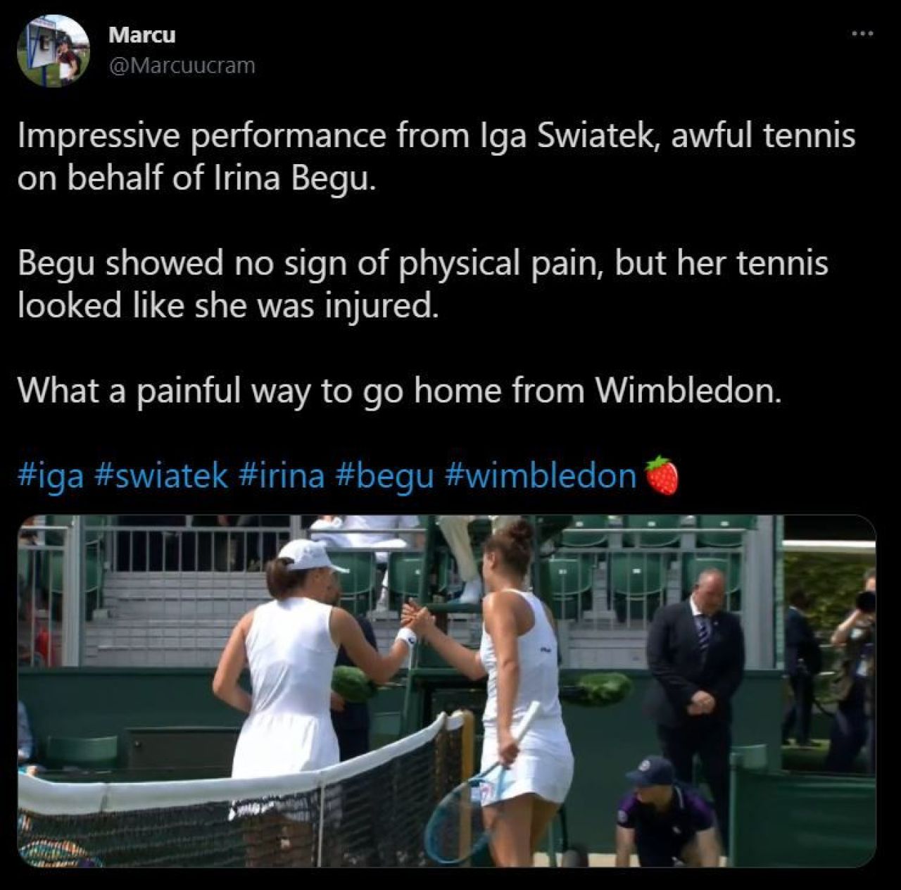 Rezultat dezastruos: Irina Begu, distrusa de Iga Swiatek (20 de ani, 9 WTA), scor 6-1, 6-0 in turul 3 la Wimbledon. Premiu financiar considerabil incasat de Begu, in ciuda esecului dureros _6