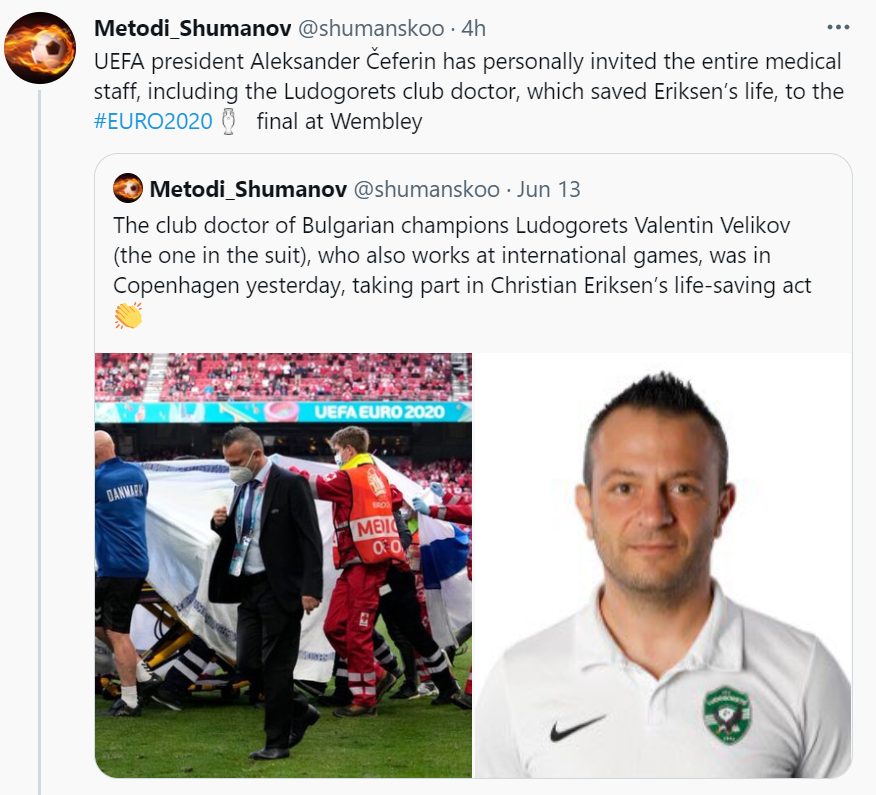 Gest superb al lui Ceferin pentru doctorii care i-au salvat viata lui Eriksen! Presedintele UEFA i-a invitat la finala Euro 2020&nbsp;