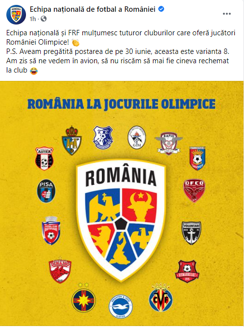 FRF, sageti spre cluburile care au refuzat sa trimita jucatori la Olimpiada! Mesajul genial publicat de nationala de fotbal a Romaniei :)&nbsp;