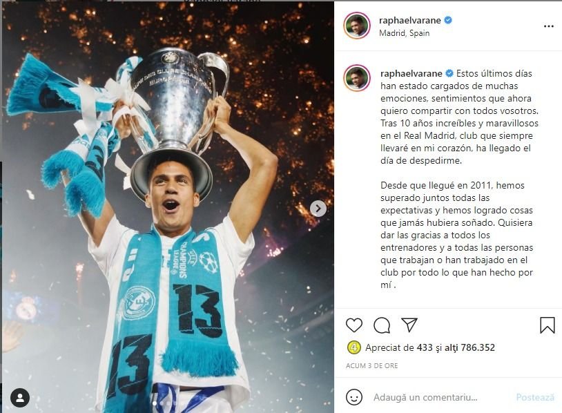 FOTO | Varane și-a luat rămas bun de la foștii colegi și de la fanii lui Real: 