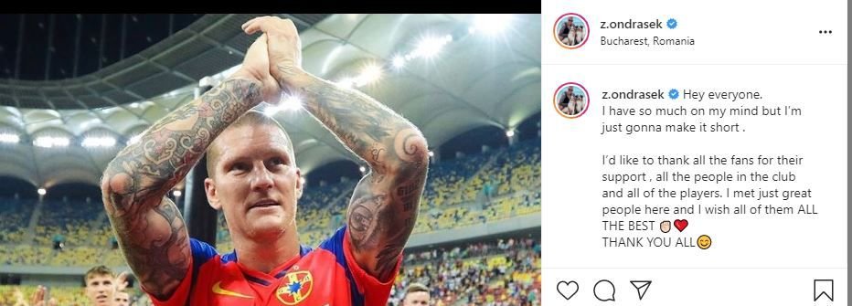 FCSB a anunțat oficial despărțirea de Ondrasek! Care a fost mesajul atacantului ceh&nbsp;