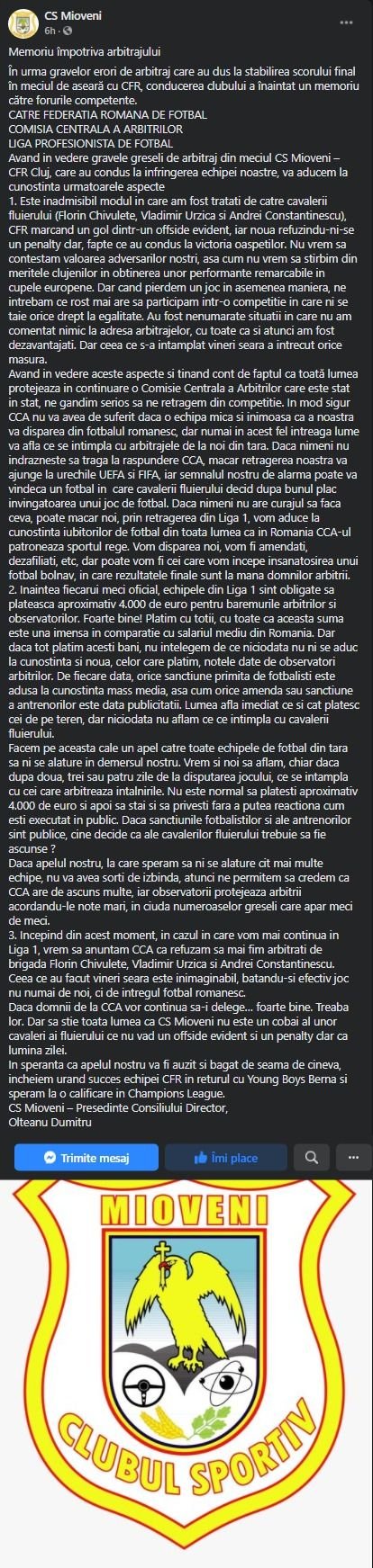 Comunicat oficial! CS Mioveni amenință cu retragerea din campionat: 