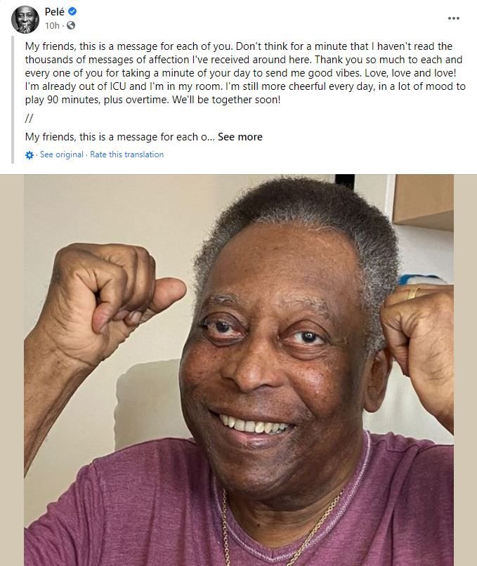 Pele a fost scos de la terapie intensivă! Primul mesaj al legendarului jucător: „Am chef să joc 90 de minute!”_2