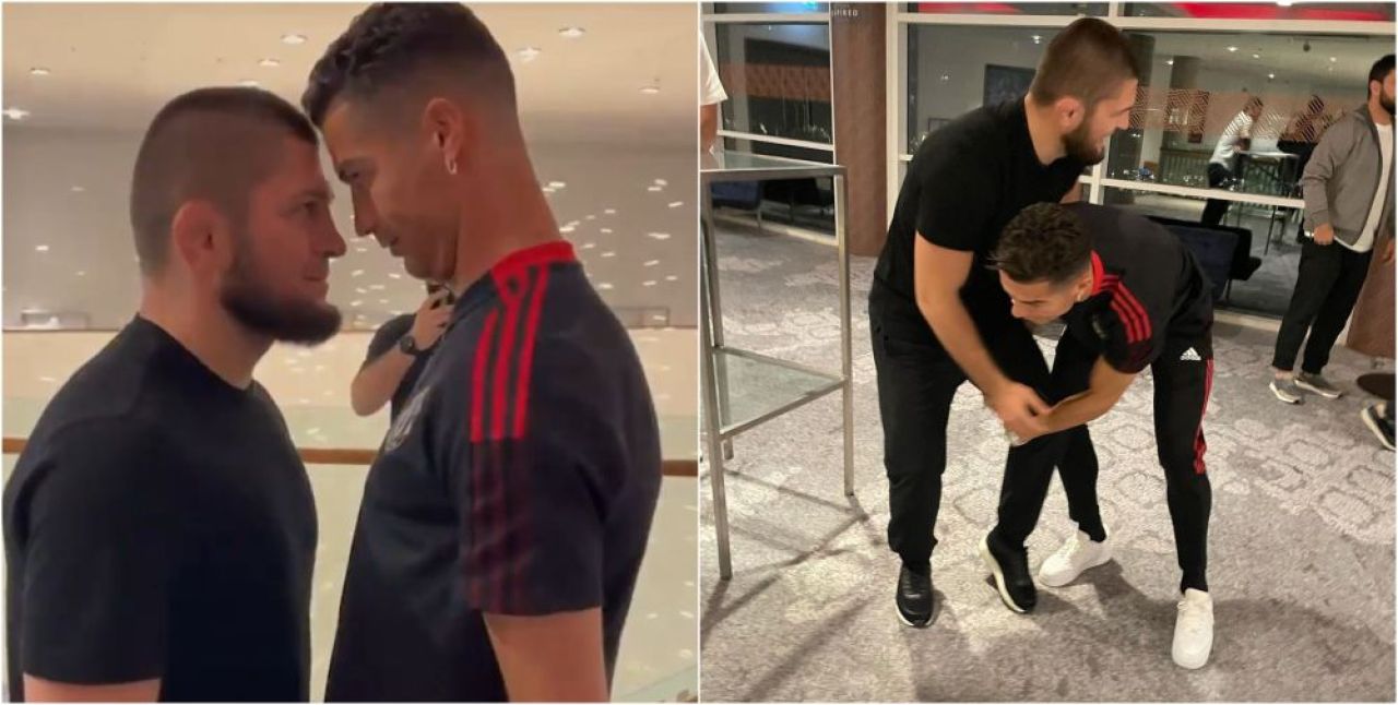 'Înfruntarea' titanilor! Super-imagini cu Khabib Nurmagomedov și Cristiano Ronaldo după meciul lui United _5