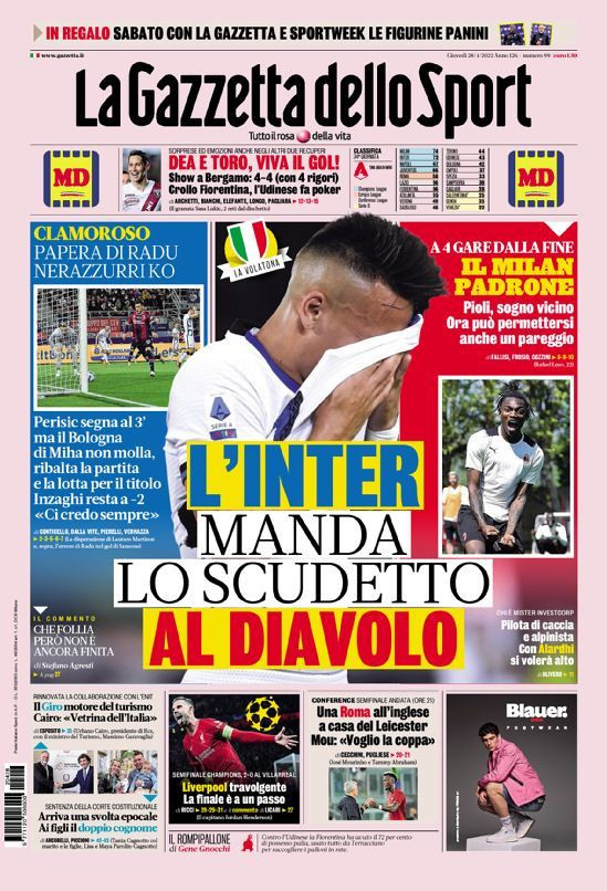 &rdquo;Harakiri!&rdquo;. Ionuț Radu ține prima pagină &icirc;n Gazzetta dello Sport, după gafa uriașă de pe &rdquo;Renato Dall Ara&rdquo;: &rdquo;Inter i-a dat Milanului jumătate de titlu&rdquo;&nbsp;