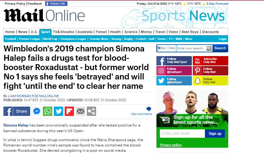 Halep, pe prima pagină în Sky Sports! Reacții din presa internațională după ce a fost prinsă dopată. Ce au scris granzii de la The Sun, Reuters sau Daily Mail_3