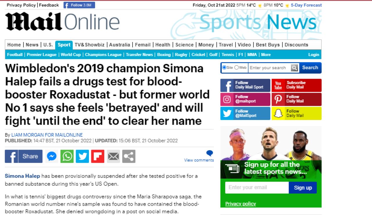 Halep, pe prima pagină în Sky Sports! Reacții din presa internațională după ce a fost prinsă dopată. Ce au scris granzii de la The Sun, Reuters sau Daily Mail_3