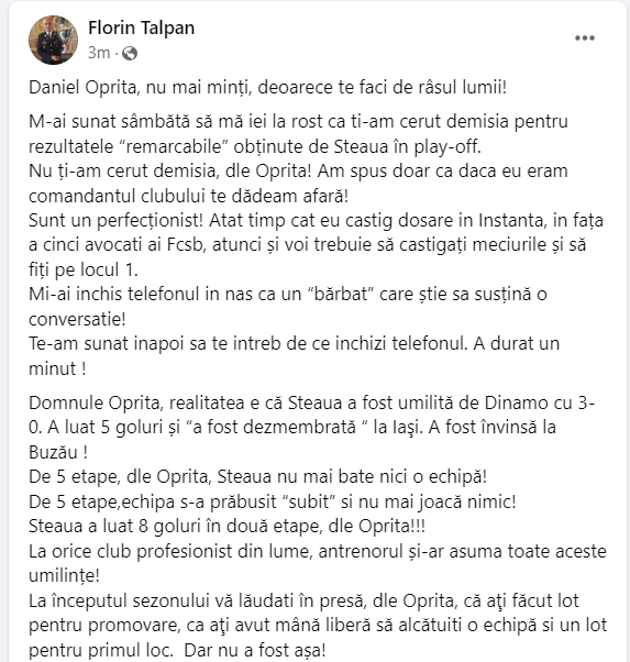Florin Talpan, atac devastator după Dinamo - Steaua 3-0: &rdquo;Daniel Oprița, ești un perdant, nu mai minți, te faci de r&acirc;sul lumii!&rdquo;