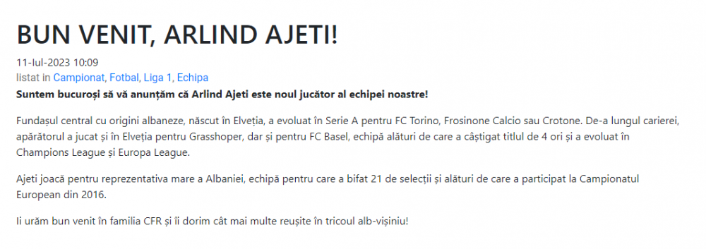 Prezentare de toată jena la CFR Cluj! Au omis că fotbalistul este adus din Serie C și că a fost omul meciului &icirc;n Rom&acirc;nia - Albania 0-1 de la Euro 2016
