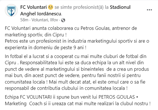 Un fel de Elias Charalambous la FC Voluntari! Clubul ilfovean a anunțat că a semnat cu un antrenor din Cipru + greșeli penibile &icirc;n comunicat