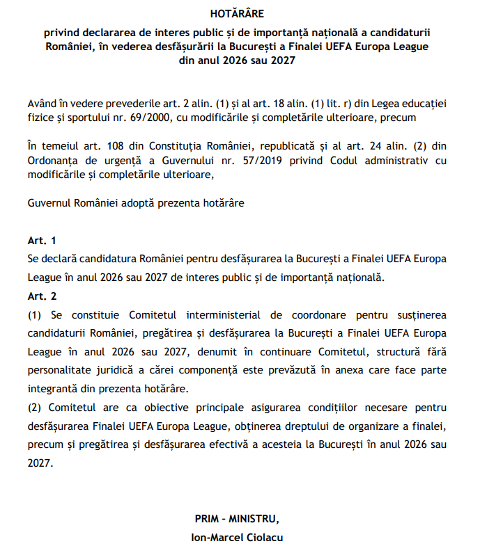 DOCUMENT All-in pentru organizarea finalei Europa League la București. Ce decizie a luat Guvernul_2