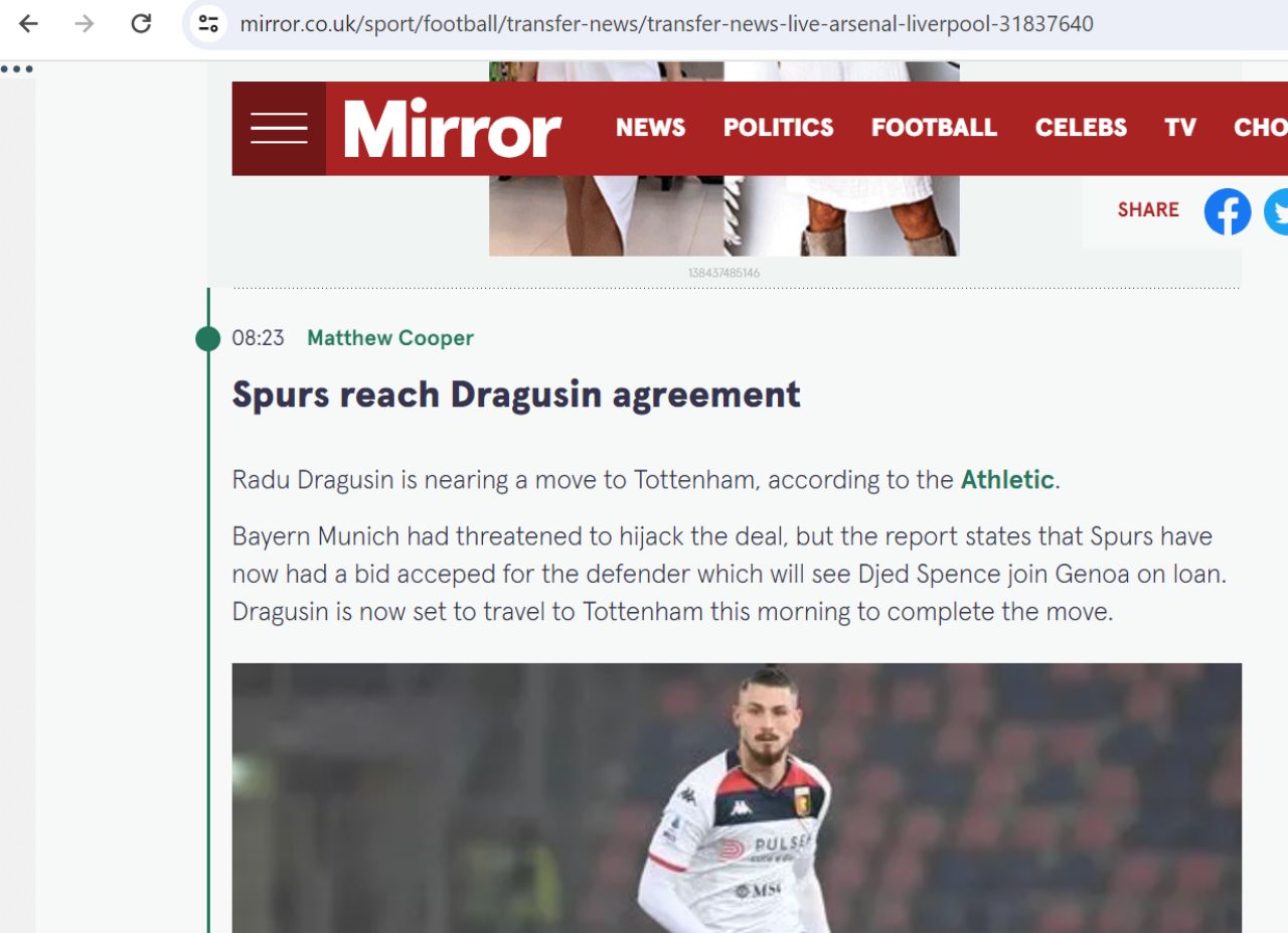 Reacția presei internaționale despre anunțul transferului lui Radu Drăgușin la Tottenham _5