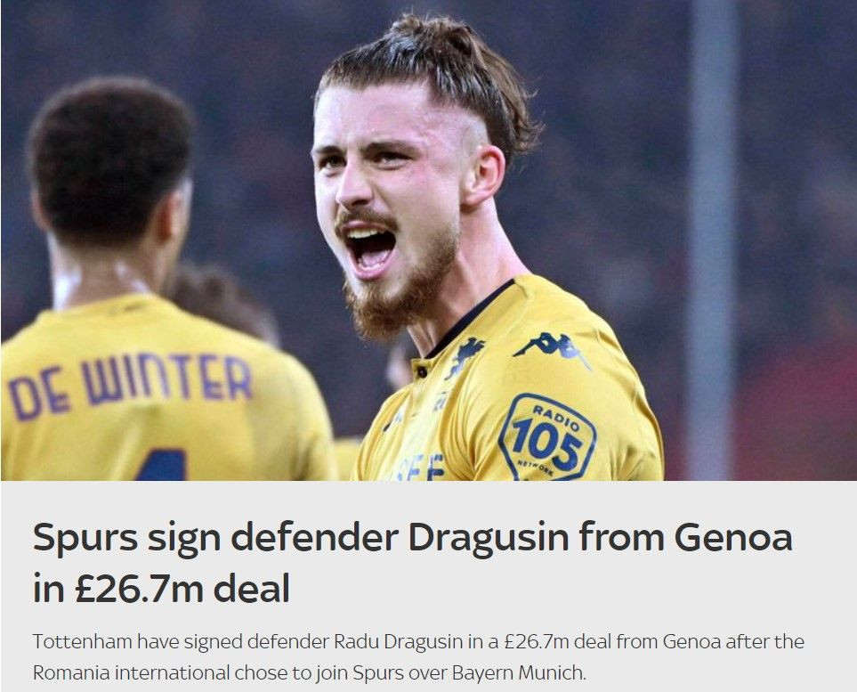 Reacția presei internaționale după transferul lui Drăgușin la Tottenham: 