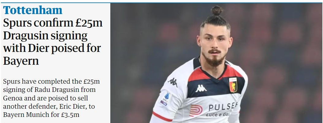 Reacția presei internaționale după transferul lui Drăgușin la Tottenham: 