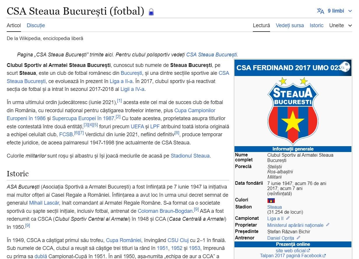 Ce grozăvie apare pe pagina de Wikipedia a CSA Steaua București, deși articolul este protejat ”pentru a preveni vandalismul”! UPDATE_2