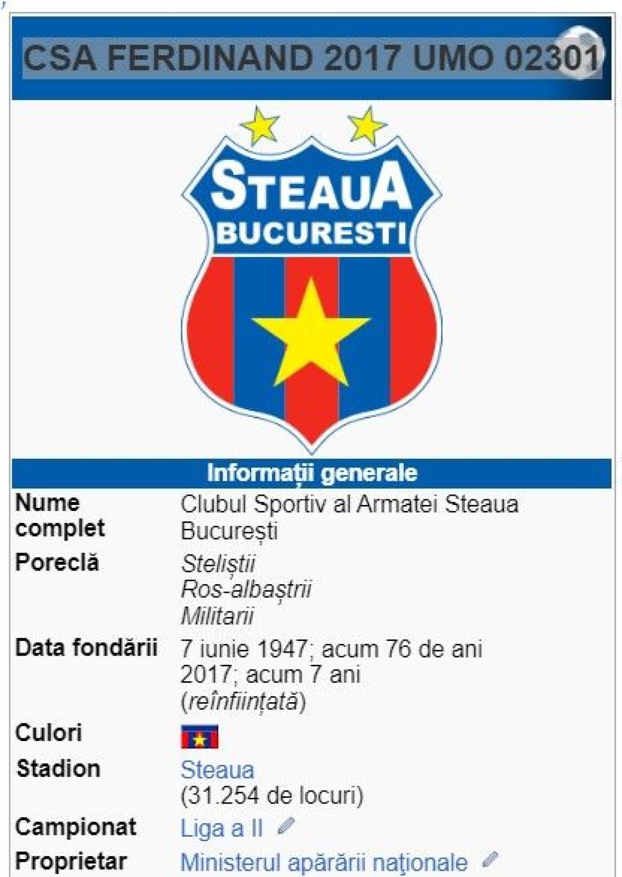 Ce grozăvie apare pe pagina de Wikipedia a CSA Steaua București, deși articolul este protejat ”pentru a preveni vandalismul”! UPDATE_3