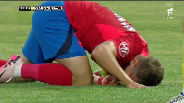 Horror! Darius Olaru, plin de sânge în Maccabi Tel Aviv - FCSB după un contact dur cu un adversar_3