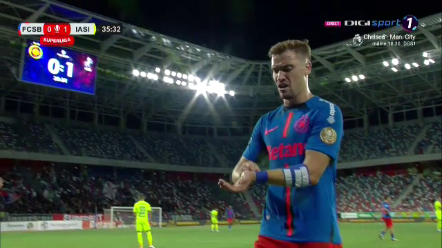 Greșeală uriașă! Darius Olaru, eliminat &icirc;n prima repriză a meciului FCSB - Poli Iași