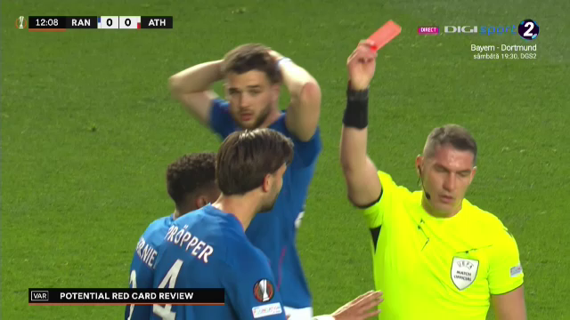 Decizie importantă luată de Istvan Kovacs &icirc;n Rangers - Bilbao! A arătat direct cartonașul roșu după ce a consultat VAR