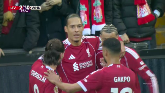 ACUM: Liverpool - West Ham 2-0 e în direct pe VOYO. Van Dijk majorează diferența