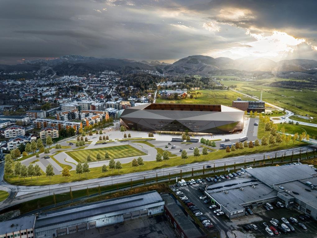 Bodo glimt stadion neubau arctic arena fussball norwegen rendering aussenansicht luftbild 1
