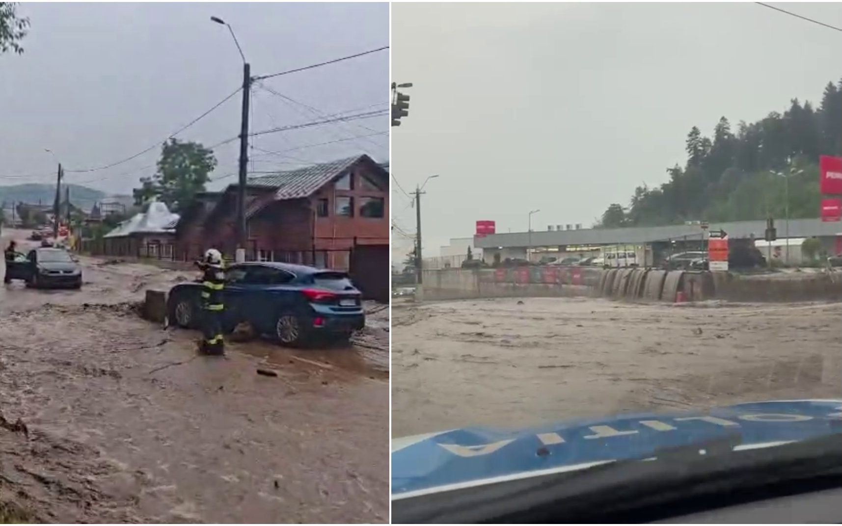 Rupere de nori în stațiunea Bușteni. Viitura a măturat tot în cale și a blocat circulația pe DN1. VIDEO